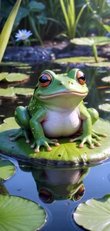 A cheerful frog sits on a lily pad in a calm pond surrounded by greenery.