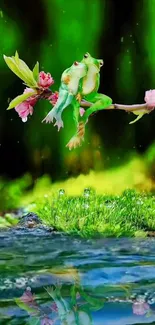 Two frogs on a floral branch over a green pond.