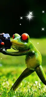 Cartoon frog takes photo of a small figurine in a grassy outdoor scene.