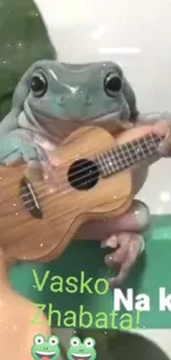 Cute frog playing a small guitar on thumb.