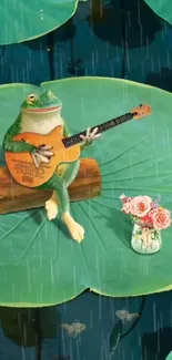 Frog playing guitar on a lily pad in rain.