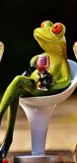 Frog relaxing with wine between two elegant bottles.