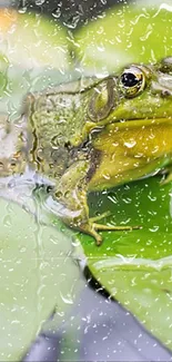 Frog sitting on a leafy surface with raindrops, perfect for mobile wallpaper.