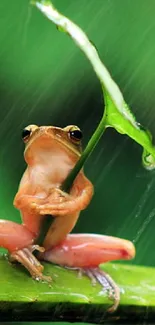 A tiny frog under a leaf during rain on green background.