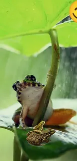 Frog sitting under a leaf sheltering from rain.