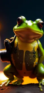 Colorful frog holding a camera at night with a fiery background.