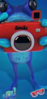 Cute frog holding a red camera in colorful wallpaper.