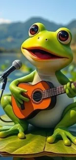 Cartoon frog playing guitar on a lily pad.