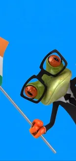 Cartoon frog holding Indian flag on blue background.