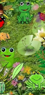 Cheerful frogs and insects on green nature wallpaper.