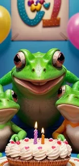 Frog family celebrating a birthday with cake and balloons.