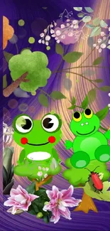 Whimsical frogs and foliage on a colorful purple background.