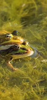 Two frogs in lush green water with aquatic plants.