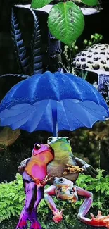 Frogs huddle under a blue umbrella on a vibrant forest background.