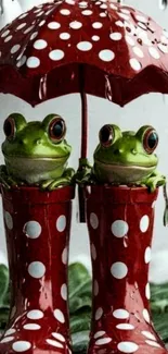 Two frogs in rain boots under a red polka dot umbrella.