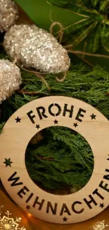 Frohe Weihnachten Christmas ornament with green pine branch background.