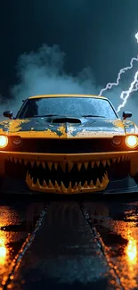 Front View Of A Yellow Car With Teeth Live Wallpaper