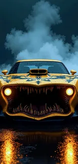 Front View Of A Yellow Car With Teeth On The Road Live Wallpaper