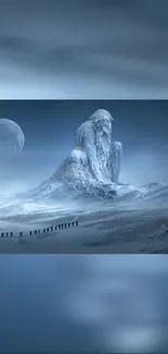 Fantasy landscape with a frost giant under the moonlit sky in blue hues.