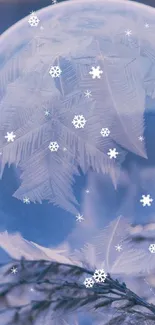 Frosted winter bubble with intricate icy patterns on blue background.