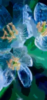 Frosted blue flowers with green leaves in abstract style.