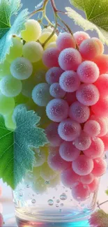 Frosted grapes with leaves on a vibrant mobile wallpaper.