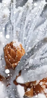 Frosted pine cones with falling snowflakes on a winter background.