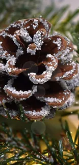 Frosted pinecone with snow on evergreen branches for a festive winter wallpaper.