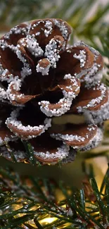 Frosted pinecone with evergreen branches and festive lights.