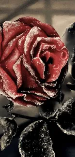 Frosted red rose close-up wallpaper.