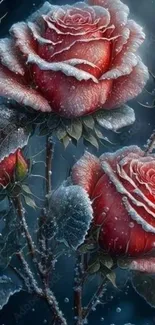 Frosted red roses with icy crystals in a winter setting.