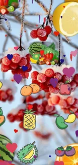 Frosty red berries with colorful fruit illustrations.