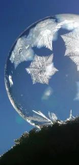 Frosty bubble with ice crystals against a clear blue sky.