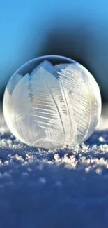 A frosty bubble rests on snowy ground under a clear blue sky.