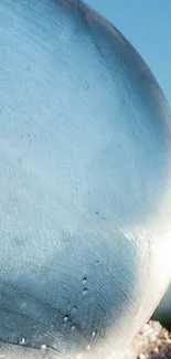 Frosty translucent bubble on snowy ground under a blue sky.