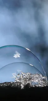 Frosty bubble with delicate ice patterns against a blue gray winter sky.