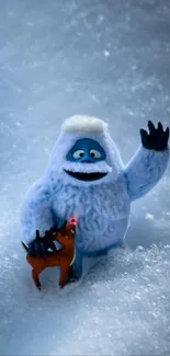 Frosty cartoon character waving on snow