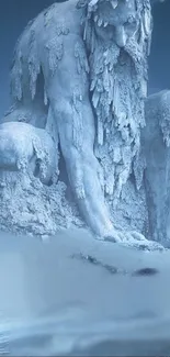 Frosty giant statue in a winter landscape.