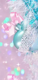 Mobile wallpaper with pink bows, blue ornaments, and snowflakes.