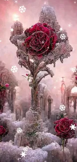 Ice-covered crimson roses in a dreamy landscape.