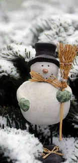 Adorable snowman in a winter landscape with snow-covered branches.