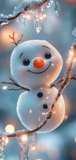 Adorable snowman on icy branches with warm lights.