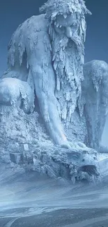 Frost-covered stone statue against an icy blue backdrop.