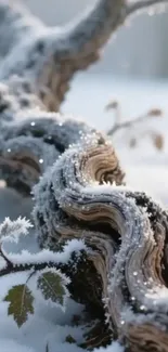 Frosty twisted branch in winter scene.