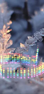 Frosty leaves with colorful bokeh light dots on a winter background.