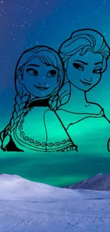 Frozen characters with aurora lights on a snowy landscape.