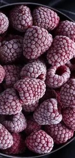 Bowl of frozen raspberries on a dark, textured cloth background.