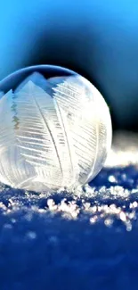 Frozen bubble resting on snowy surface with a blue gradient background.