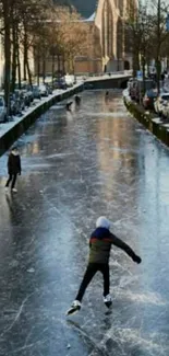 Skaters glide on a frozen canal through a scenic winter cityscape.