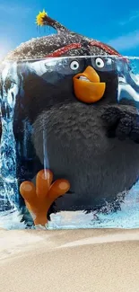 Frozen cartoon bird encased in ice at the beach.